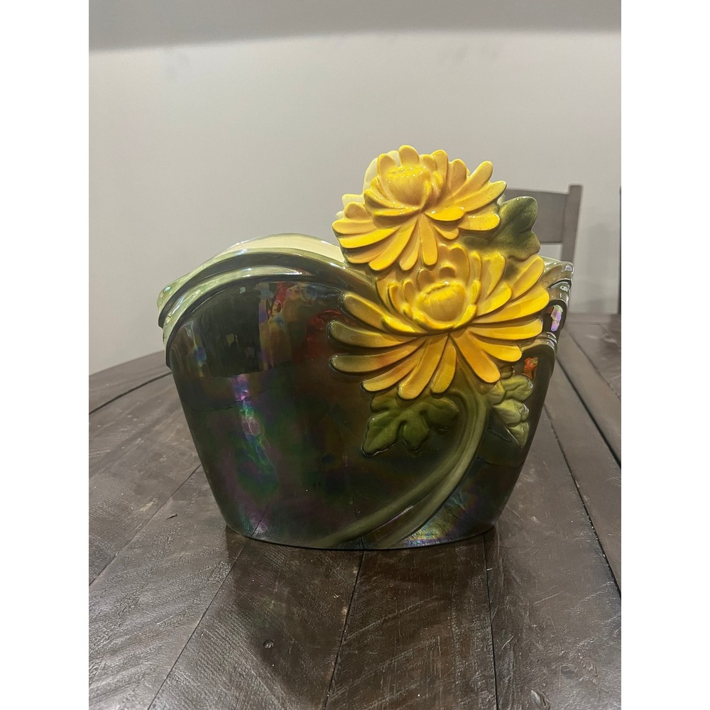 Sittre Ceramics Chrysanthemum Opalescent Art Pottery Vase Yellow Green